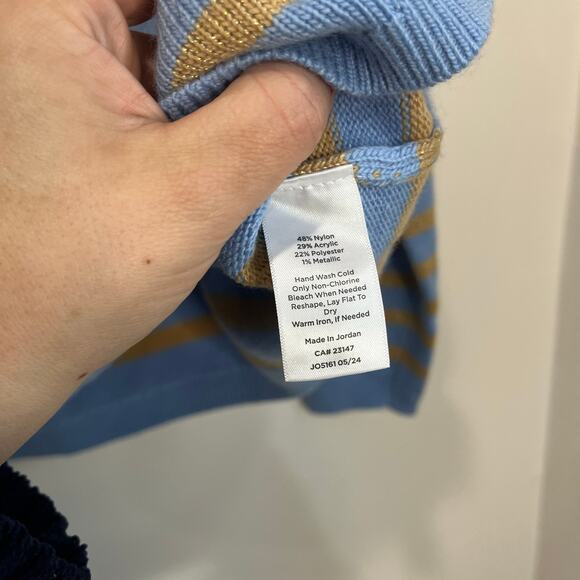 Talbots Metallic Stripe Turtleneck Sweater L Blue Tan Knit Winter Classic Preppy - Picture 8 of 9